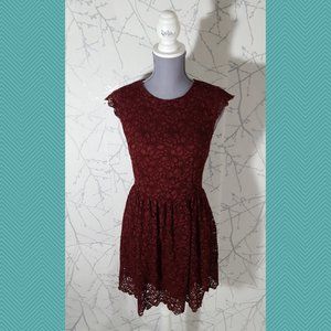 Talula Maroon Floral Lace Overlay A-Line Dress
